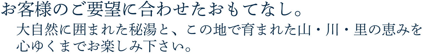 宿泊プラン　お客様のご要望に合わせたおもてなし。大自然に囲まれた秘湯と、この地で育まれた山・川・里の恵みを心ゆくまでお楽しみ下さい。